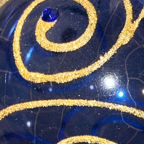 8 Blown Glass Blue With Gold Glitter Swirl Hanging Christmas Ornaments - Picture 4 of 8